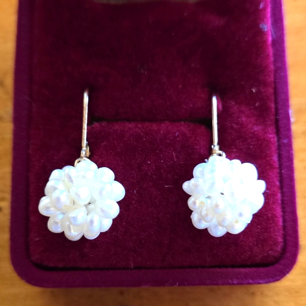 Vintage original PBD stamped 14 k gold cultured pearl cluster dangle earrings.
